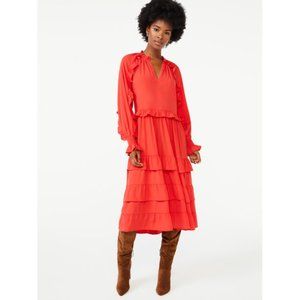 Scoop Women's Tiered Midi Dress with Long Sleeves